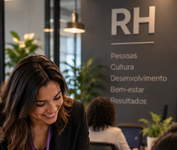 Profissional de RH sorri conversando com colegas. Na parede, a placa “RH” com as palavras Pessoas, Cultura, Desenvolvimento, Bem-estar e Resultados.
